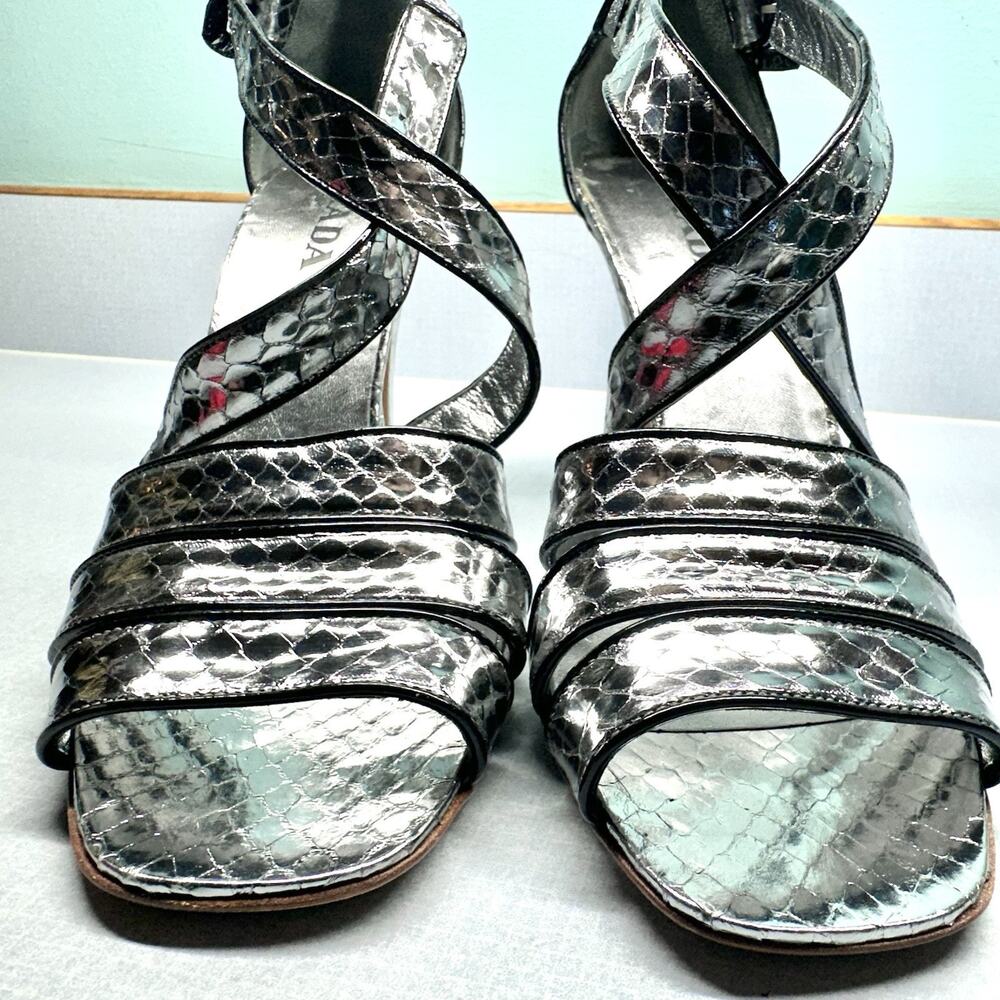 PRADA Silver Snakeskin Strappy Sandals Heels Size 38 (US 7.5) -Authenticated - Picture 11 of 16